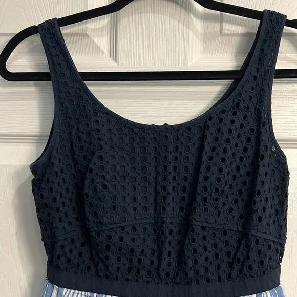 Ann Taylor Loft Blue Eyelet Lace Striped Sleeveless Dress Size 0 - Picture 2 of 6